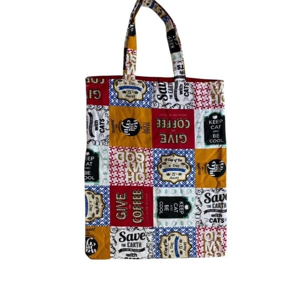 Tote Bag Canvas Cats Coffee Patchwork Multicolor Tote Bag  Reusable - Picture 1 of 8
